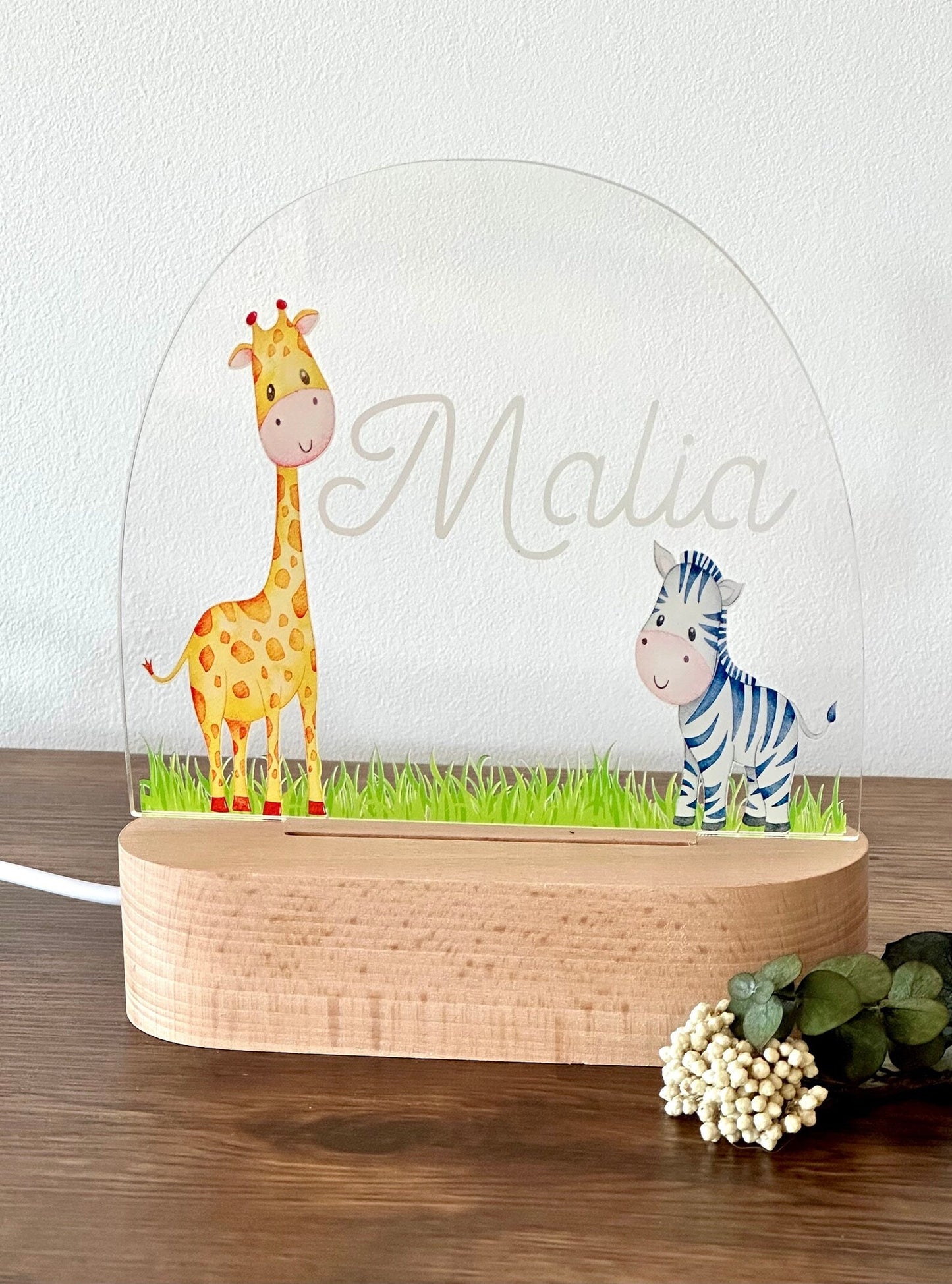 Personalisiertes Nachtlicht mit 2 Tiermotiven (Zebra+Giraffe) , Babygeschenk Geburt, Taufe, Geburtstag, Nachtlicht, leuchtendes Tiermotiv