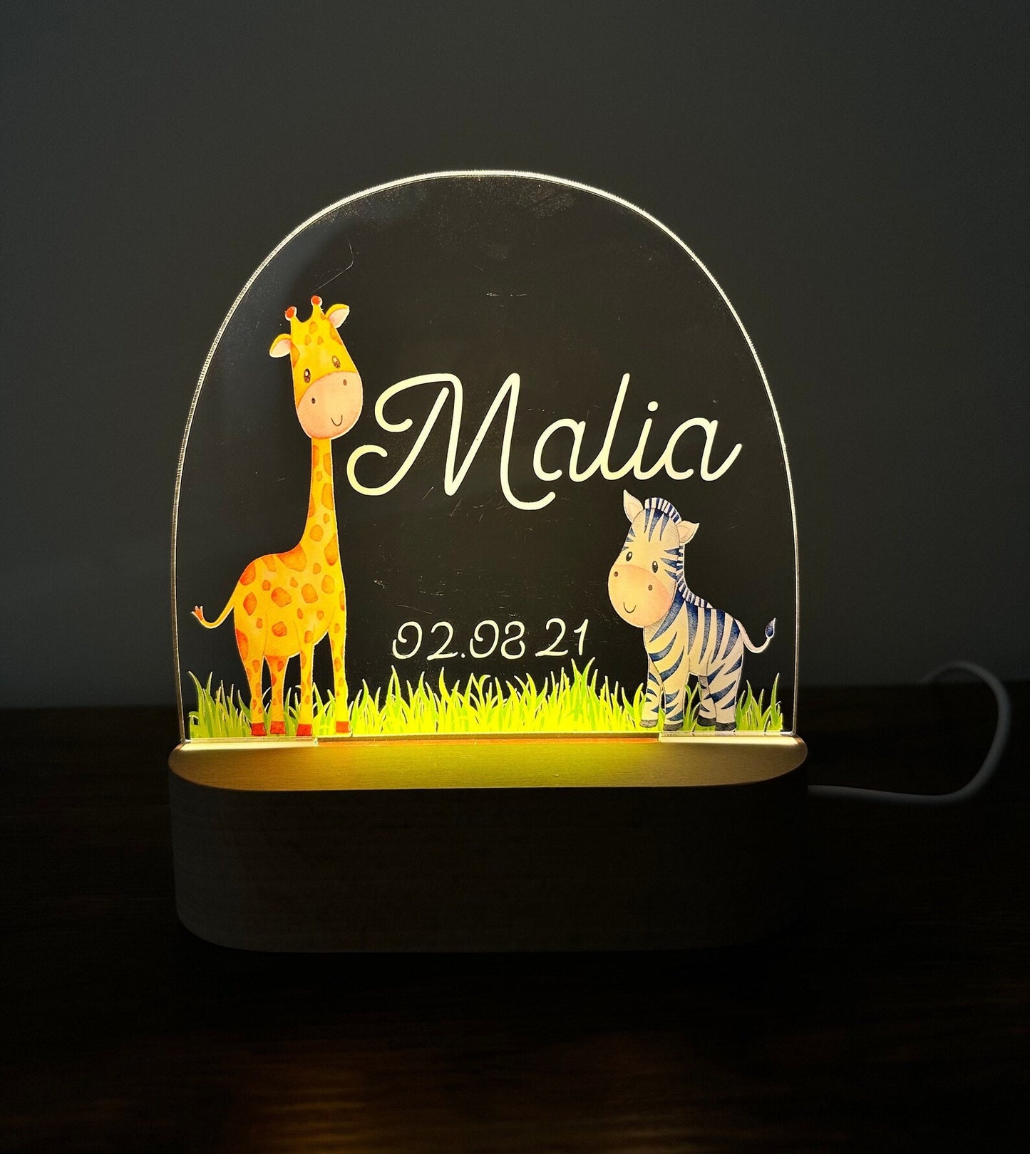 Personalisiertes Nachtlicht mit 2 Tiermotiven (Zebra+Giraffe) , Babygeschenk Geburt, Taufe, Geburtstag, Nachtlicht, leuchtendes Tiermotiv