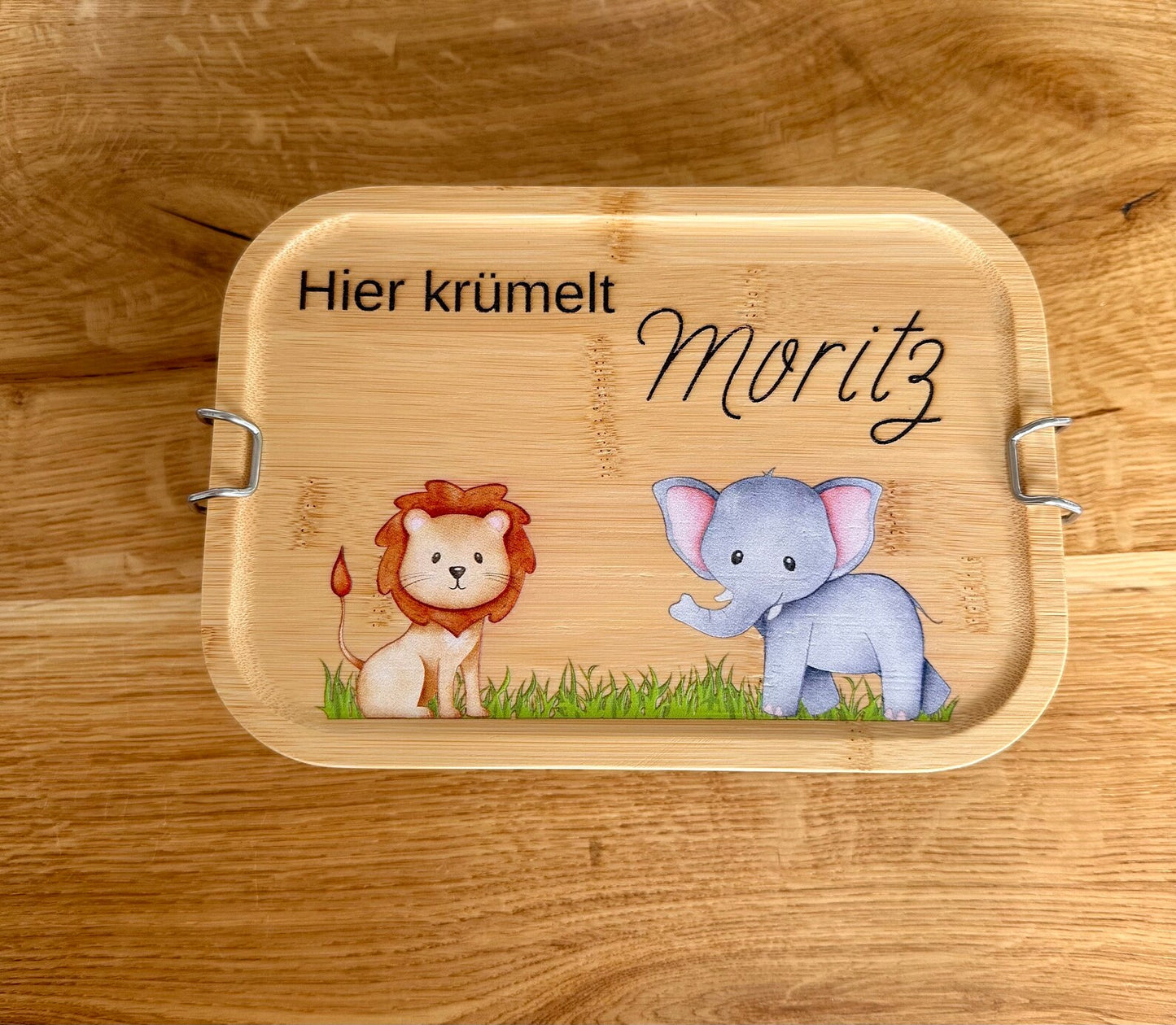 Personalisierte Brotbox Löwe und Elefant