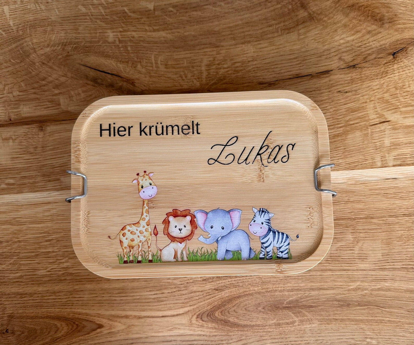 Personalisierte Brotbox Löwe, Elefant, Zebra und Giraffe