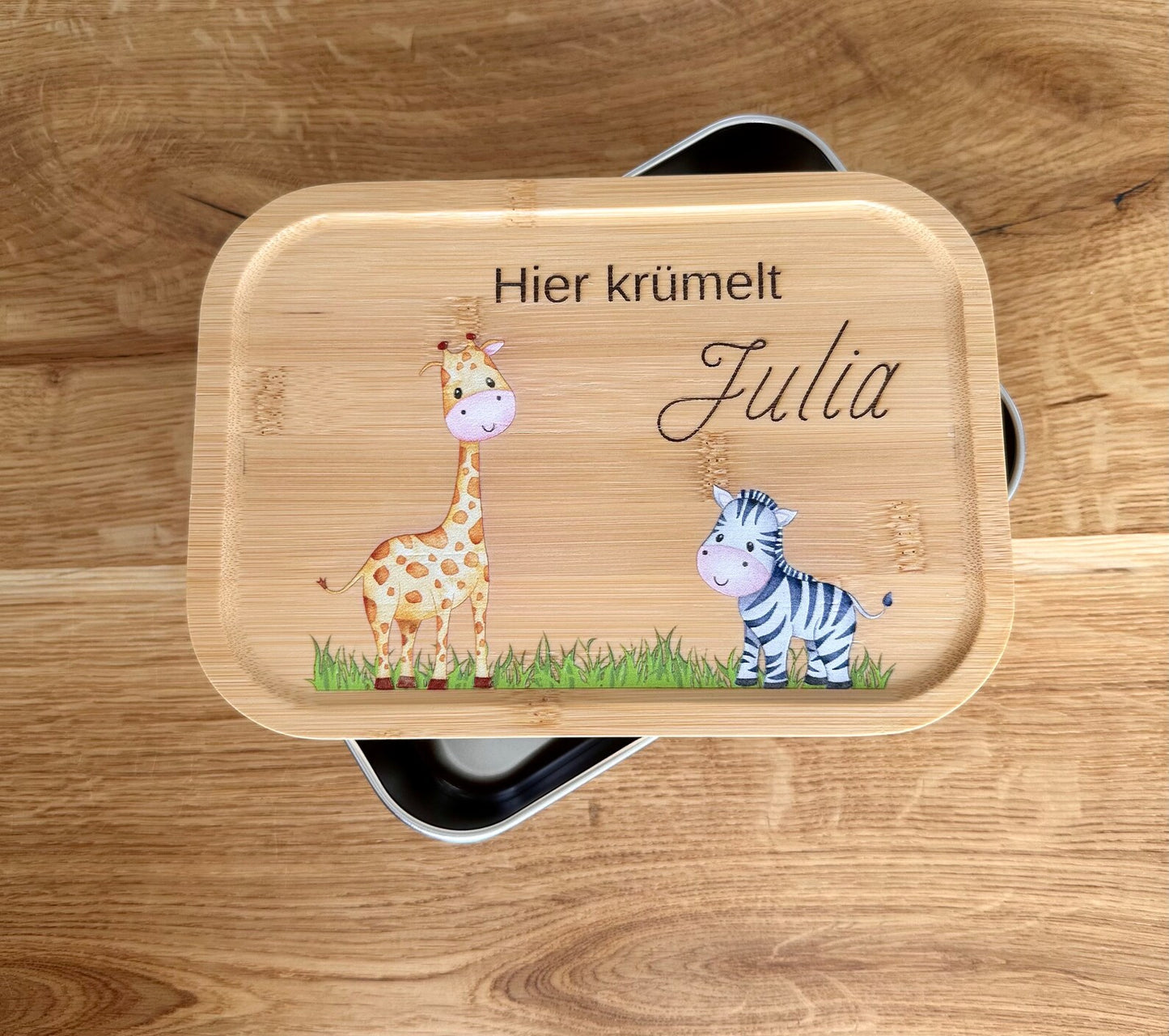 Personalisierte Brotbox Giraffe und Zebra