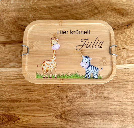 Personalisierte Brotbox Giraffe und Zebra