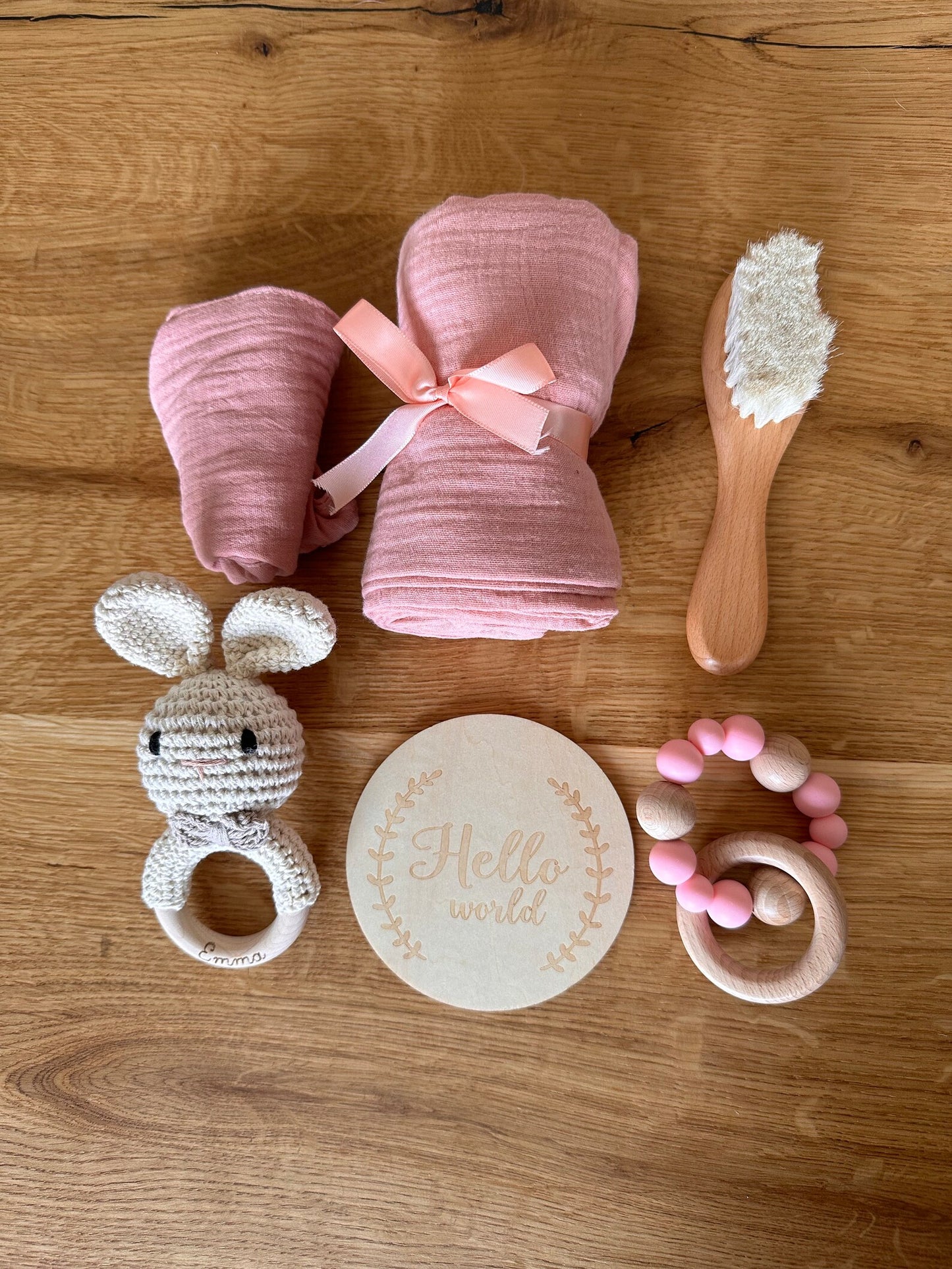 Personalisiertes Starterset Rosa, Häschen, Baby, Neugeborenen, Geburt, Geschenkebox