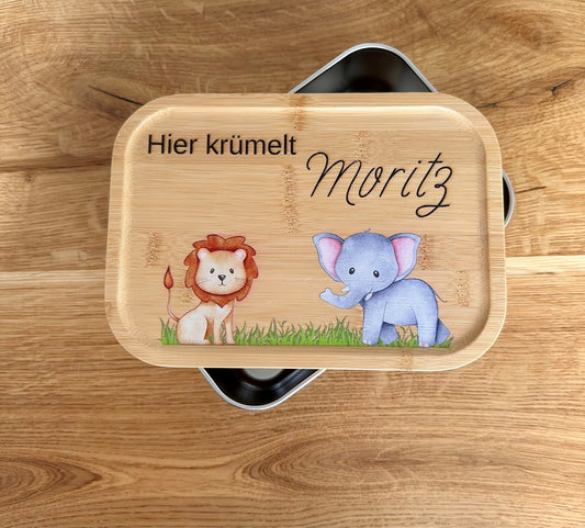 Personalisierte Brotbox Löwe und Elefant