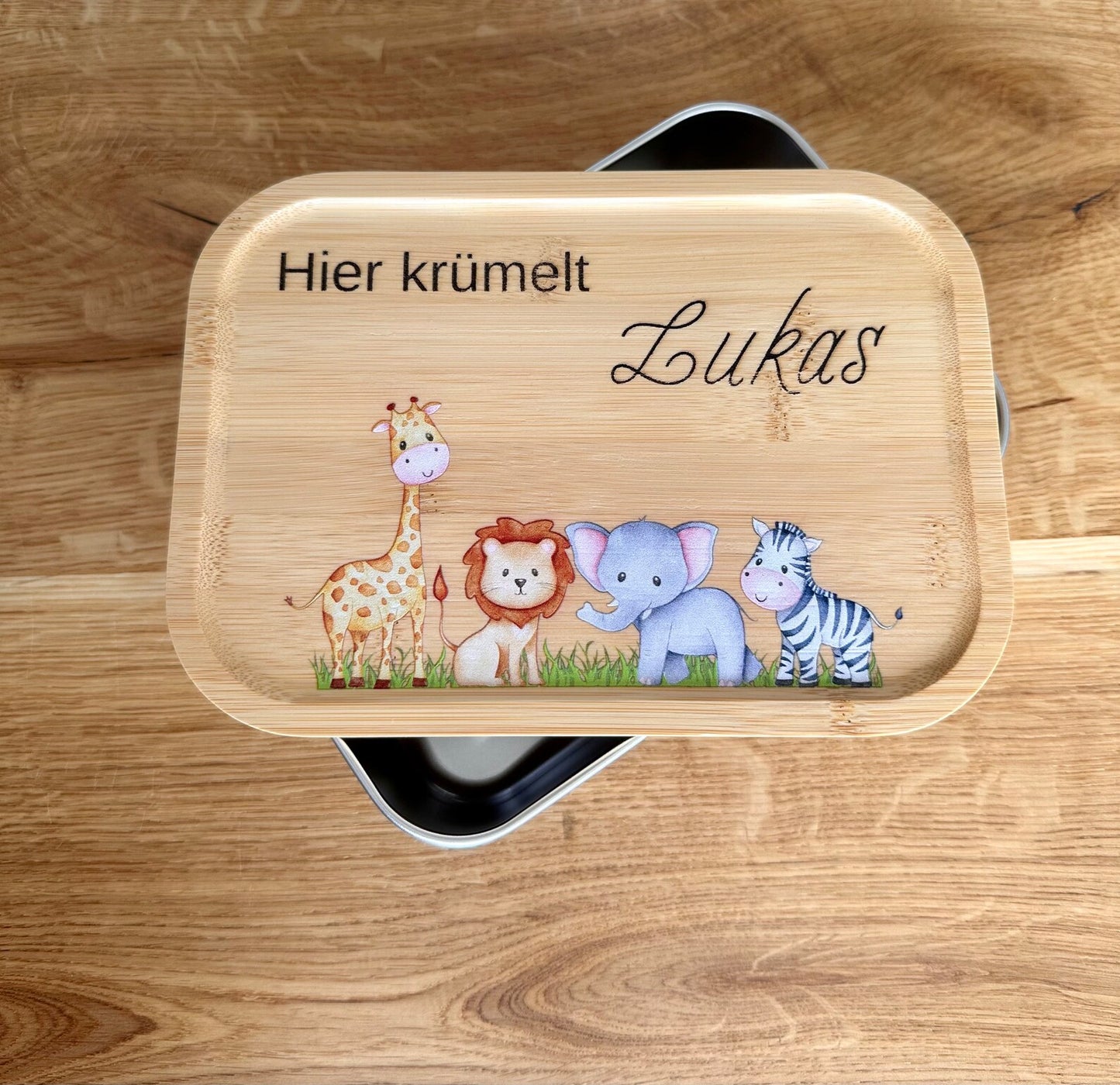 Personalisierte Brotbox Löwe, Elefant, Zebra und Giraffe