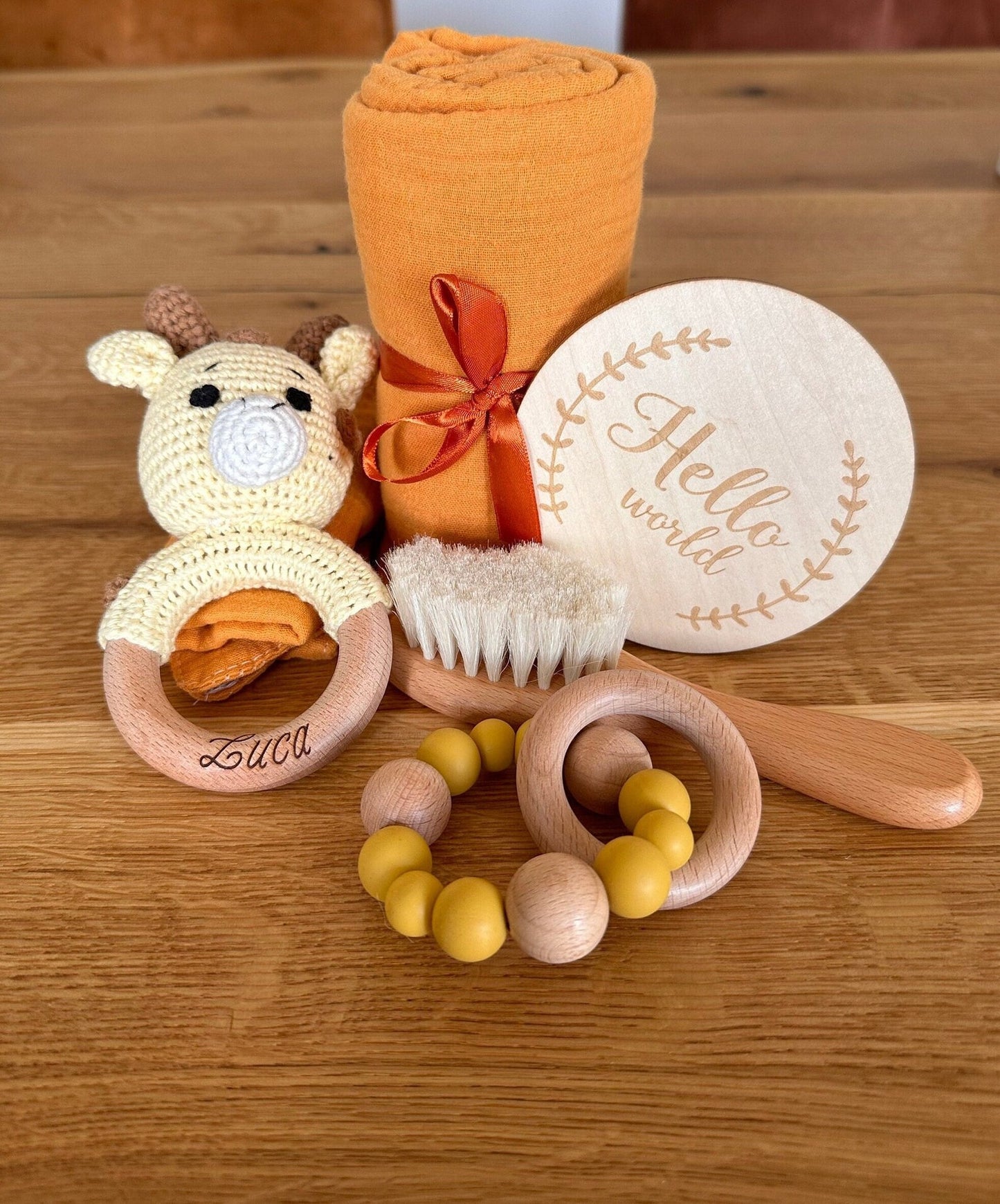 Personalisiertes Starterset Orange, Giraffe, Baby, Neugeborenen, Geburt, Geschenkebox