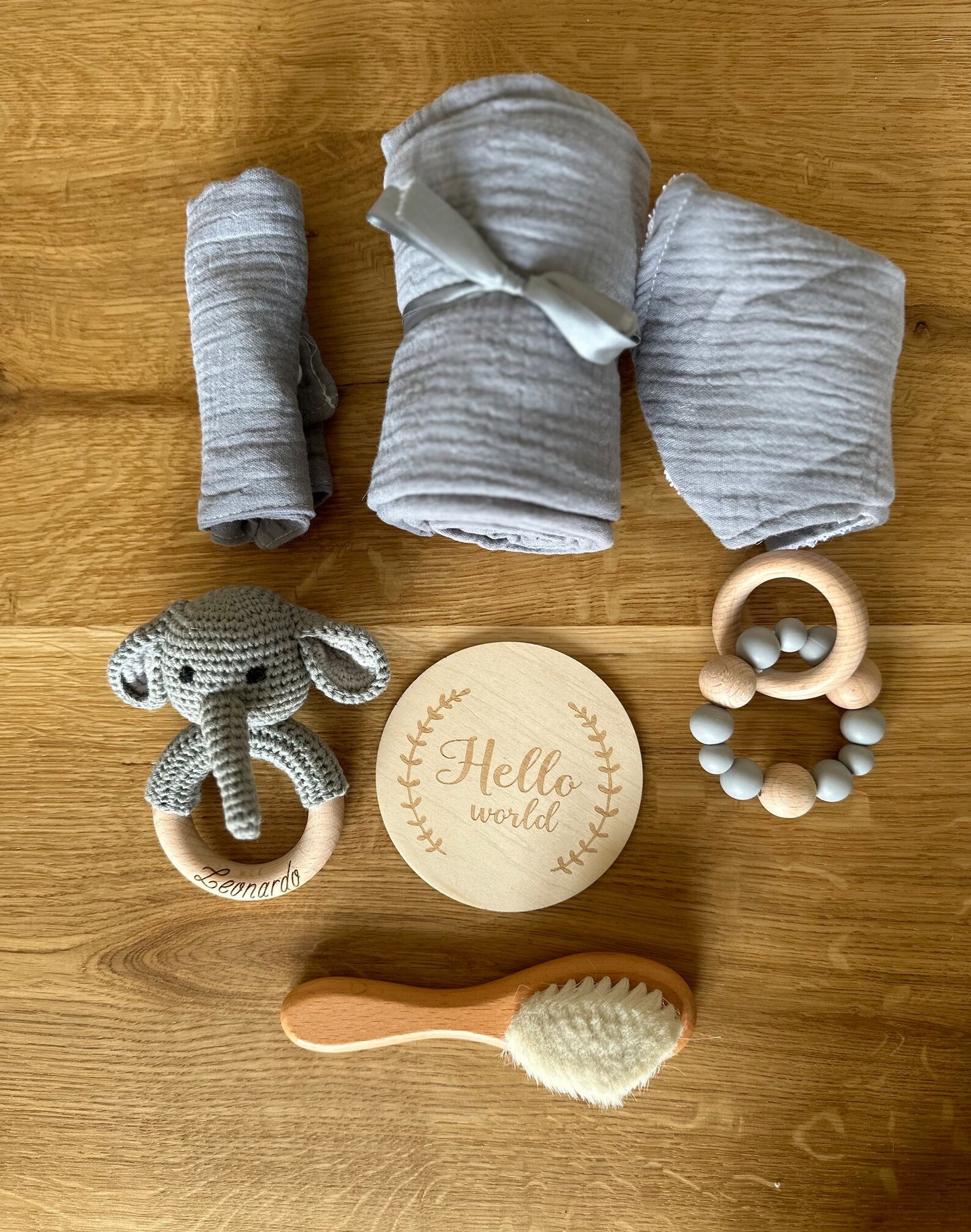 Personalisiertes Starterset Grau, Elefant, Baby, Neugeborenen, Geburt, Geschenkebox