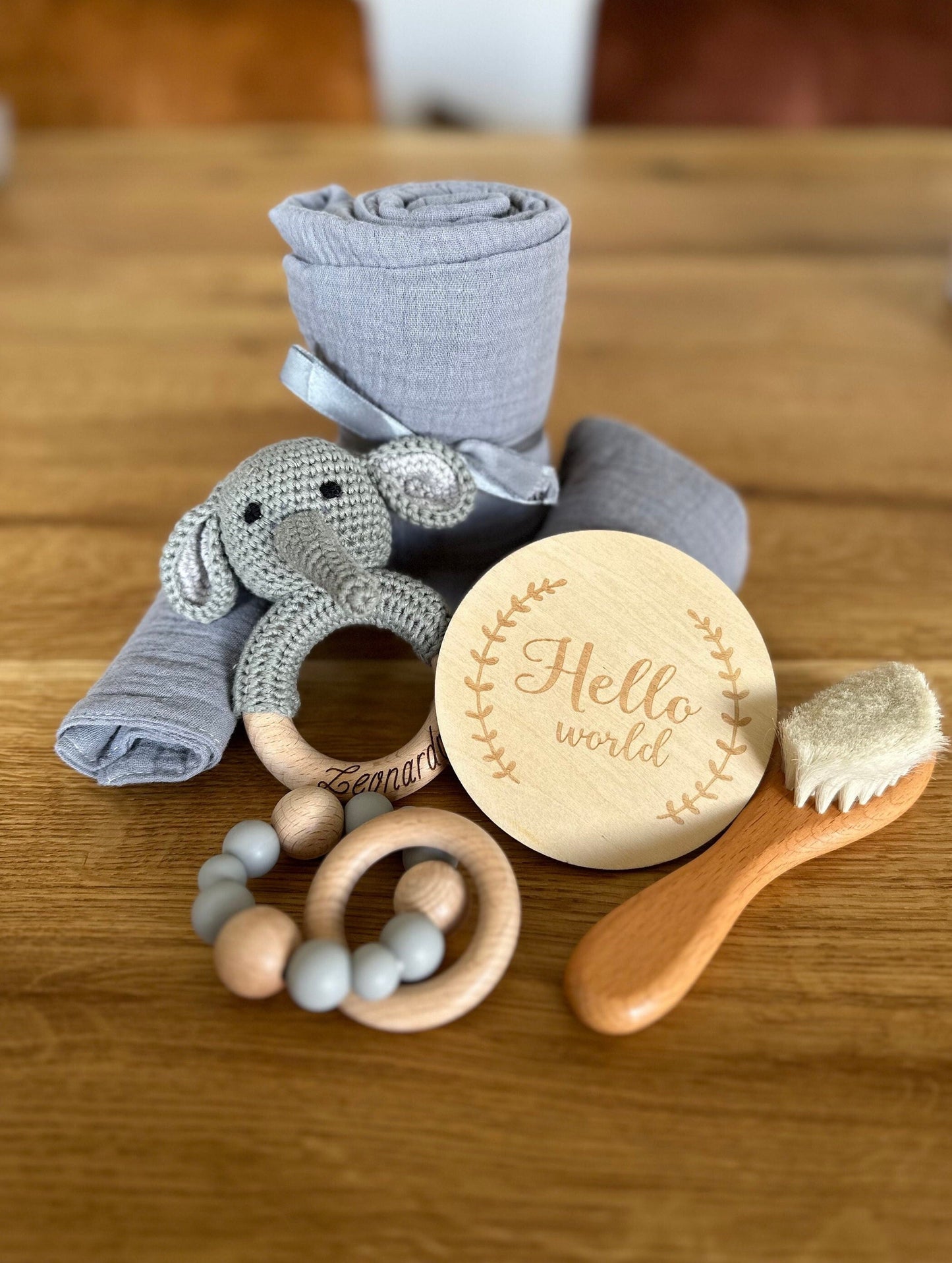 Personalisiertes Starterset Grau, Elefant, Baby, Neugeborenen, Geburt, Geschenkebox